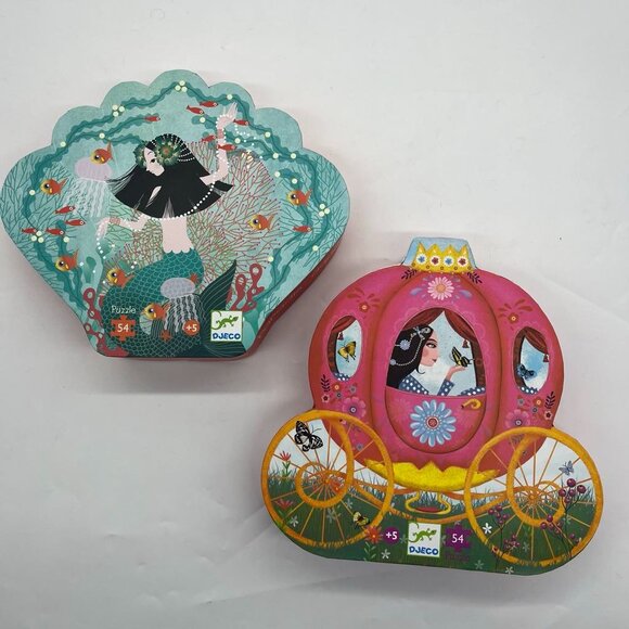 Set of 2 Djeco 54 Piece Puzzles Elise's Carriage & Aquatic Paradise Mermaid - Picture 1 of 3